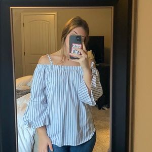 black and white striped off the shoulder tank